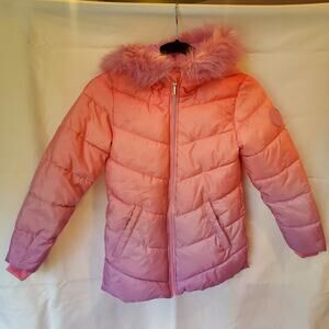 Juicy Couture Kids Pink Ombre Puffer Jacket Size 7/8 Faux Fur Hood Winter Coat